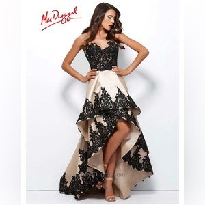 MAC DUGGAL 61993R Nude Black Lace High Low Formal Gown Dress Size 8